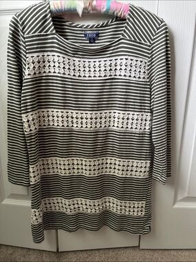 IZOD Olive and White Striped Crochet-Trim Long Sleeve Dress